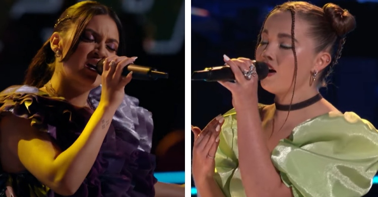 A two-photo collage. The first shows a close up of Rudi singing on "The Voice." Her eyes are closed as she sings passionately. The second photo shows a close up of Joslynn Rose singing on "The Voice" with her eyes closed as well.