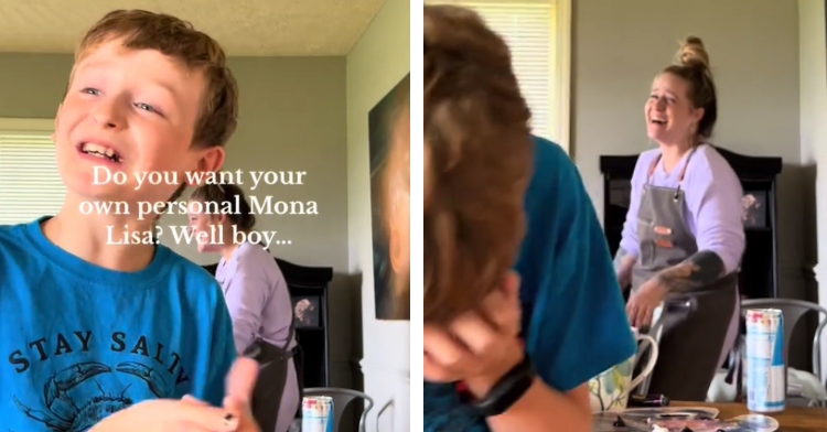 A two-photo collage. The first shows an 11-year-old talking as his Mom paints in the background. Text on the image shows what the kid is saying: Do you want to own your own personal Mona Lisa? Well, boy... The second photo shows the same kid, face buried in his hands as he laughs. Mom can be seen in the background, looking at her son as she loses it laughing.