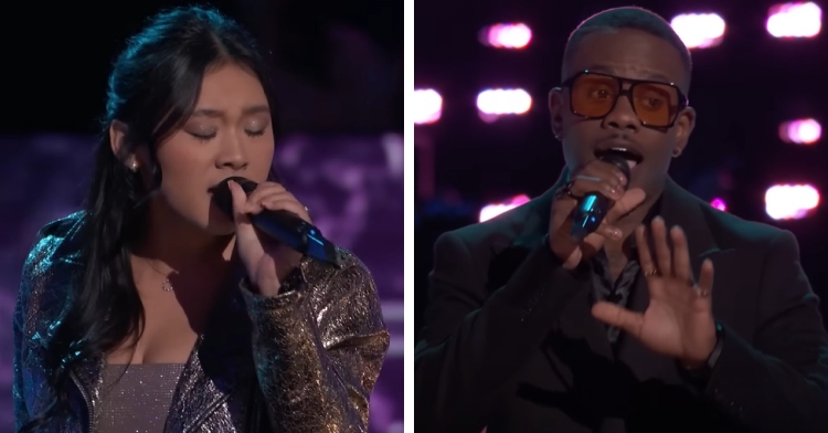 A two-photo collage. The first shows Rachele Nguyen singing with her eyes closed. The second photo shows Mac Royals singing with one hand out.