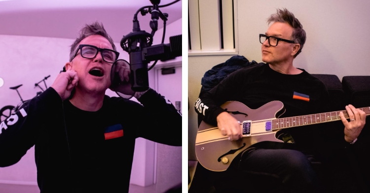 A two-photo collage. The first shows Mark Hoppus singing into a mic in a recording studio, eyes closed. The second photo shows Mark Hoppus sitting on a couch, playing guitar, as he looks into the distance.