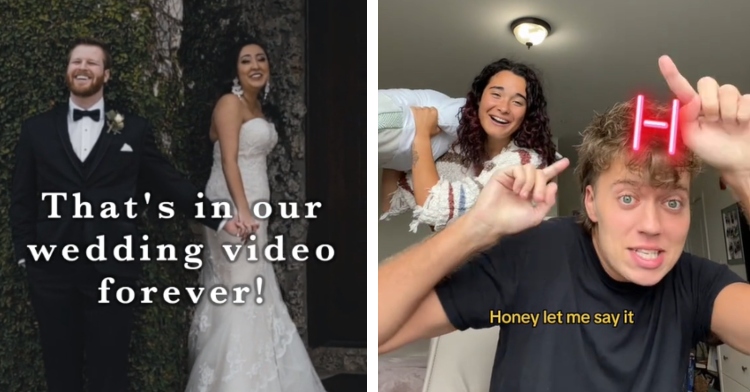 A two-photo collage. The first shows a groom and bride holding hands as they stand in a way to where they haven't seen each other yet. Text on the image reads what the bride is saying: That's in our wedding video! The second photo shows a man sitting in a chair, bracing as he says "Honey let me say it." An "H" is above his head, indicating he's using a social media filter. His wife stands behind him and laughs. A pillow is in her hands as if she's getting ready to hit him.