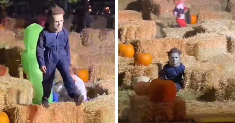 A two-photo collage. The first photo shows a kid dressed as Mike Myers from "Halloween." He's standing on a bale of hay and has one foot moving forward to step to another one. The second photo shows the same kid who is now sitting on the ground.