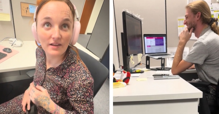 A two-photo collage. The first shows a woman, who is wearing headphones, looking up. She seems a bit confused. The second photo shows a man working at his desk, giving us a side-view of his face. He is smiling as he laughs.
