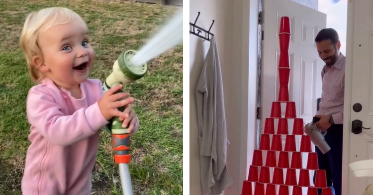 A two-photo collage. The first shows a toddler looking shocked yet excited, mouth wide open, as she holds a water hose in her hand that is currently spraying water. The second photo shows a man standing at the entrance of a front door. Just before him is a whole stack of red plastic cups that are about his height. He's smiling.