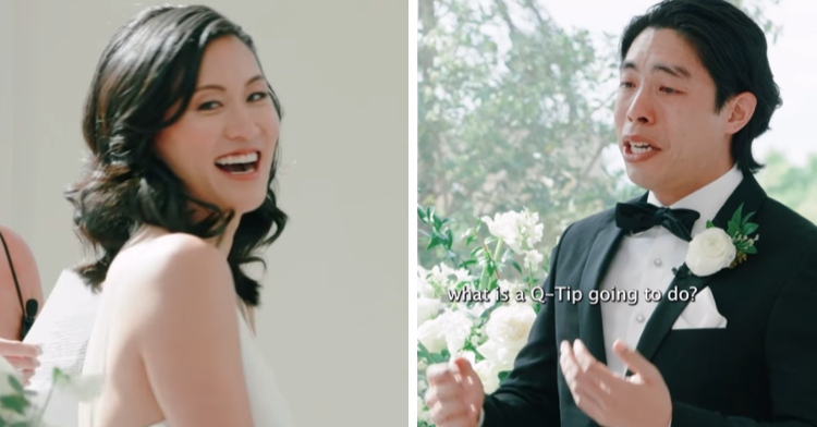 A two-photo collage. The first shows a bride looking back at the guests as she laughs, mouth open. The second photo shows the groom crying. Text on the image shows what he's saying: What is a Q-tip going to do?