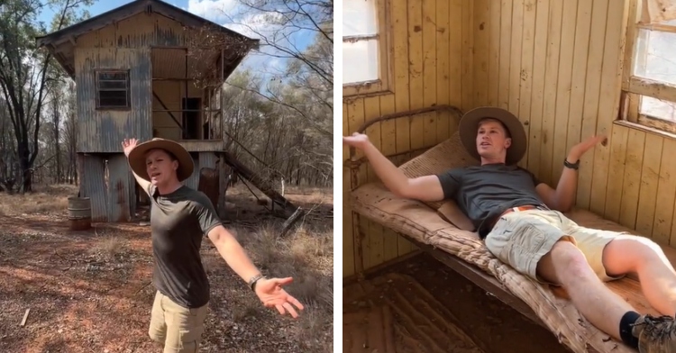 A two-photo collage. The first shows Robert Irwin standing outside, arms stretched out wide to show off the broken down home in the distance behind him. The second photo shows Robert Irwin inside that home, laying on a dirty bed in a dirty room. His arms are, once again, stretched out to show off the space.