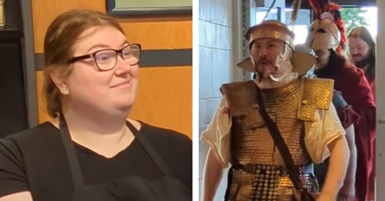 A two-photo collage. The first shows a close up of a Panera employee, eyebrows raised from surprise by what she's looking at offscreen. The second photo shows a group of four people or more, who are dressed as Roman Soldiers, walking in a single file inside.