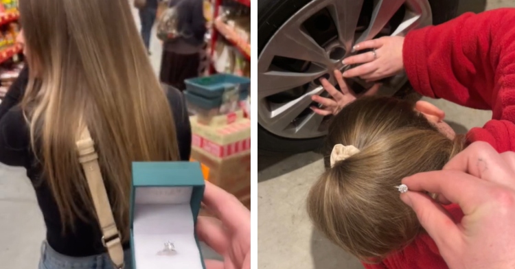 A two-photo collage. The first shows someone holding up a box with an engagement ring behind a woman who is walking with her head turned slightly. The second photo shows that same woman who is now squatted next to a car and is working on a tire. Someone is holding an engagement ring above her head.