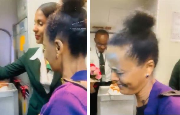 Left frame shows a woman having her boarding pass checked by a flight attendant. Right frame shows her breaking down in tears when she sees her son, who she had been working abroad to send through school.