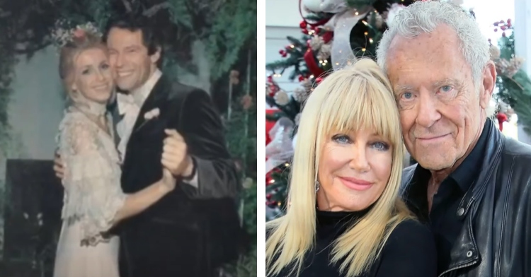 A two-photo collage. The first is an older photo of Suzanne Somers and Alan Hamel smiling as they hold hands. She's wearing a dress and he's wearing a suit. The second photo shows a close up of a more recent photo of Suzanne Somers and Alan Hamel as they smile softly. They're lightly resting their heads together.