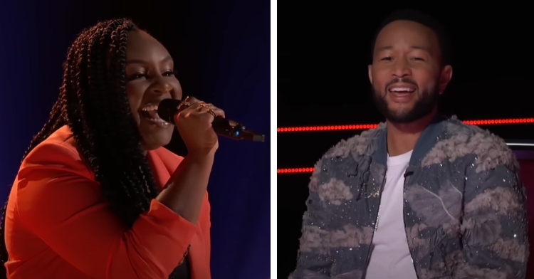 A two-photo collage. The first shows a woman, Taylor Deneen, singing passionately on "The Voice." The second photo shows John Legend standing looking excited as he watches Taylor perform.