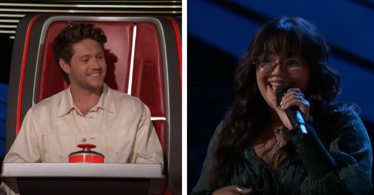 A two-photo collage. The first shows Niall Horan on "The Voice," smiling softly with recognition. The second photo shows Olivia Eden smiling as she auditions for "The Voice."