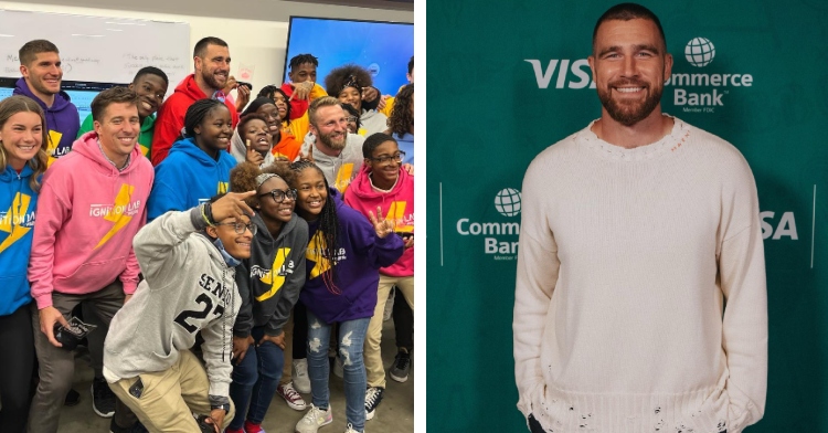 A two-photo collage. The first shows Travis Kelce posing with a group of young people for his foundation Eighty-Seven & Running. The second photo shows Travis Kelce posing at an event. He's smiling and has his hands in his pockets.