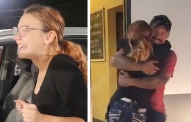 Girl in left frame is overjoyed and happy with the ugly car her dad bought for her. She is hugging her dad in the right frame.
