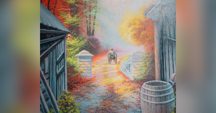 Vadim's painting that he made for TTF. Next to an older looking home is a barrel. From there, a path that winds through a forest with fall leaves and ends in a bright, white light. Headed down the path is Vadim in a wheelchair.