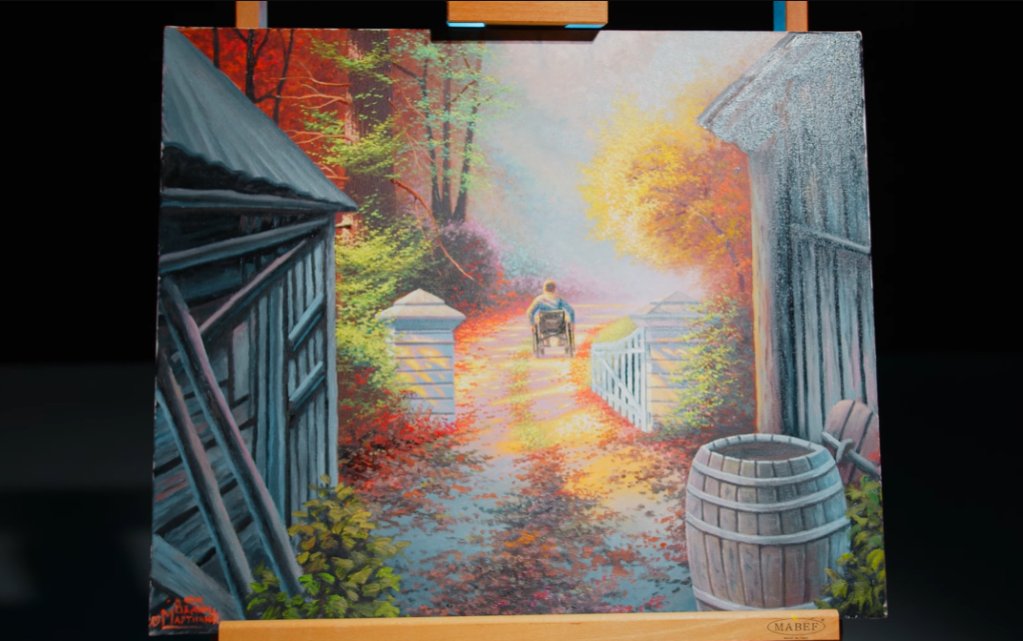 Vadim's painting that he made for TTF. Next to an older looking home is a barrel. From there, a path that winds through a forest with fall leaves and ends in a bright, white light. Headed down the path is Vadim in a wheelchair.