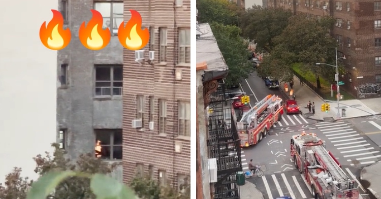 A two-photo collage. The first shows a zoomed in image of a building across the street. In a window there appears to be a fire. The second photo shows the street by the same building. Two firetrucks are pulling up.