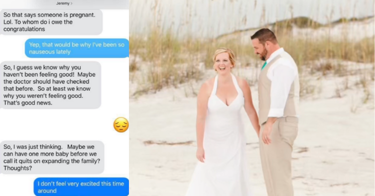 pregnancy reveal text message next to photo of couple
