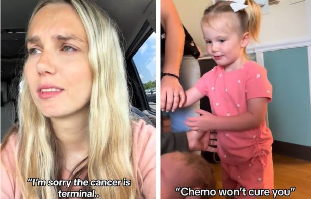 Image shows a cancer patient after receiving a terminal diagnosis on the left and her oldest daughter on the right.