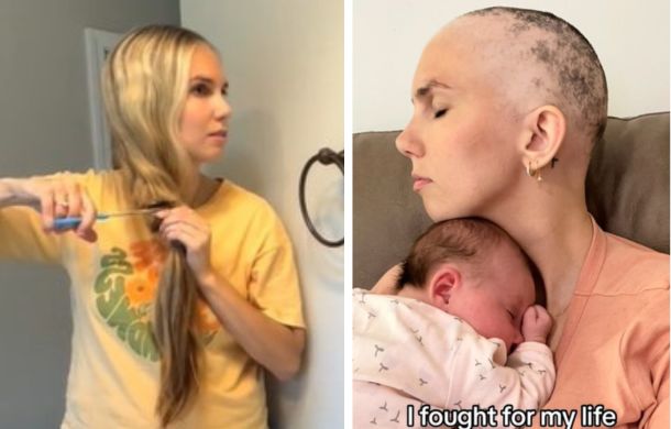Losing hair is just one part of a cancer journey. Left image is a female cancer patient cutting long hair. Right image shows the same patient with a shaved head holding her newborn infant.