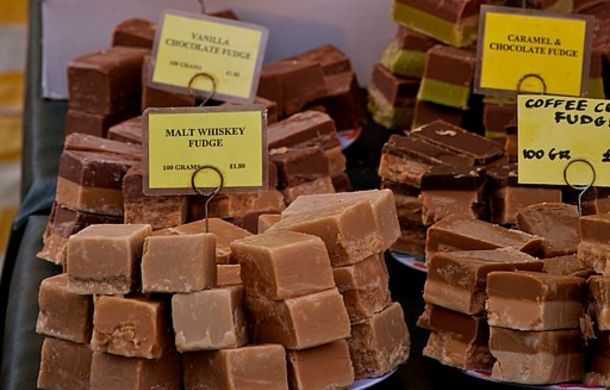 Image shows fudge displayed for sale.