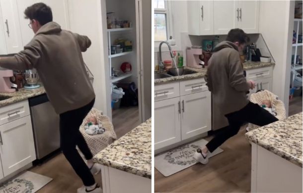 Image shows a dad dancing for his infant son. Left frame is fancy footwork. Right frame is an air guitar solo.