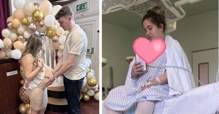 Expectant parents in the left frame. Mother sitting during epidural procedure in the right frame.