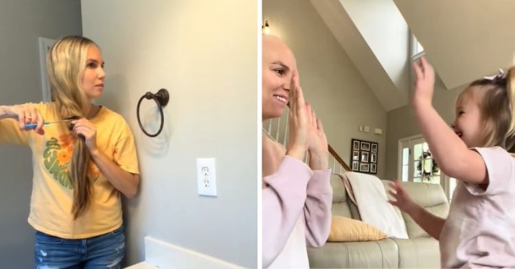 A mother during her cancer journey. Left image shows her cutting her hair during chemo. Right image shows her and her oldest daughter giving high fives after a post-chemo scan.