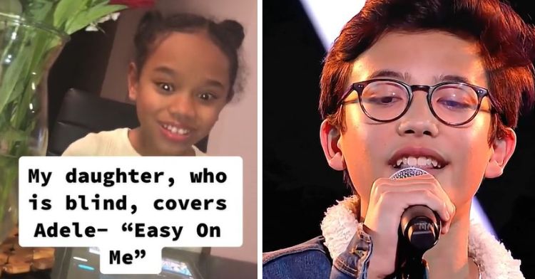 Image shows a blind girl on the left singing an Adele Cover song. Right panel shows a boy during a performance on "The Voice Kids."