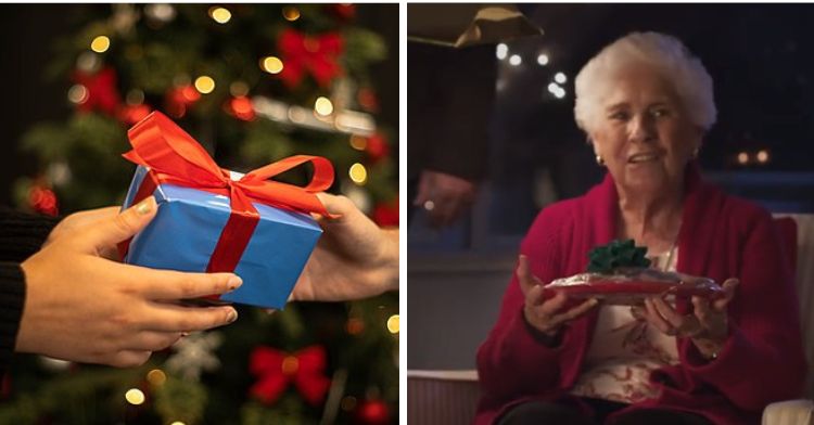 Split frame. Left shows a person handing a Christmas gift to another person. Right frame shows an elderly lady holding a tray of Christmas goodies.
