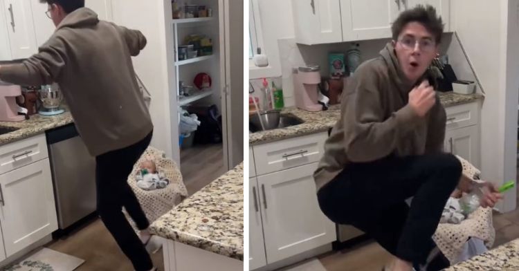 Left frame shows a dad dancing for his infant son. Right frame shows same dad, scared when he turns to see his wife recording his dance moves.