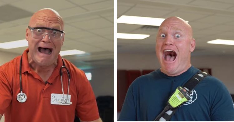 Image shows two panels with the funny paramedica portraying himself and a trainee, both screaming.
