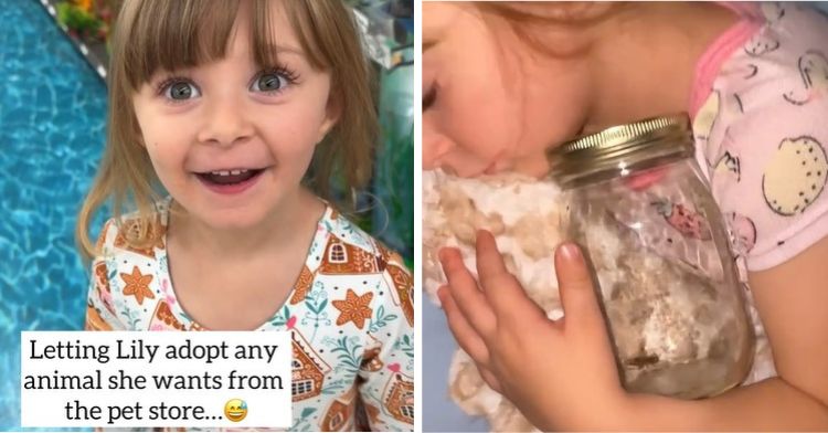 Split frame image shows a young girl. Left frame is her parents telling her she can pick any pet at the store. Right frame shows her sleeping while cuddling her new pet cricket in a jar.