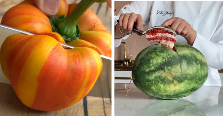 Image shows a pepper left) and a watermelon right) being sliced during a "Is it real or is it cake" demonstration.