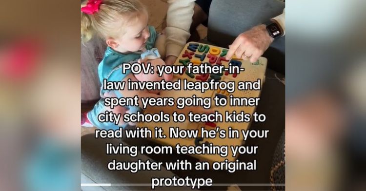 LeapFrog learning systems help with early learning. The inventor, Michael Wood, is shown here with his granddaughter using one of the original prototypes of the Phonics Desk.