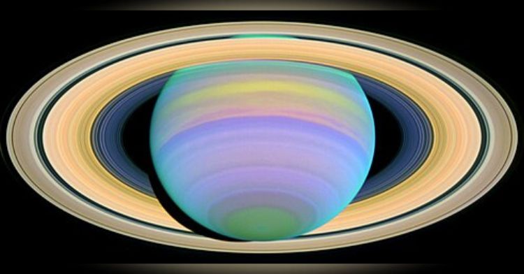 An ultraviolet image of the Rings of Saturn taken by the Hubbell Telescope with the rings at a maximum tilt of 27 degrees.