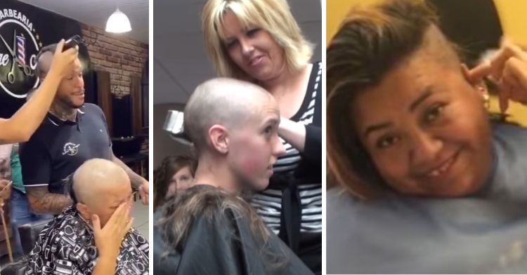 Image shows three panels of women getting their heads shaved. The left frame is a woman shaving during cancer treatment. The middle and right frames are women shaving in solidarity with cancer patients.