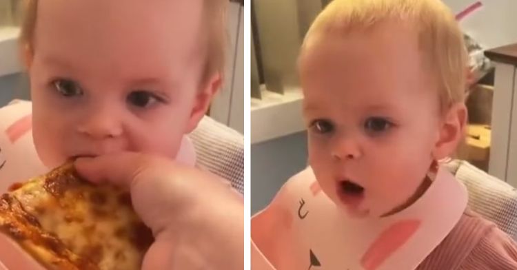 Left image shows a toddler taking a first bite of pizza. Right frame shows the toddler with a pleasantly shocked face.