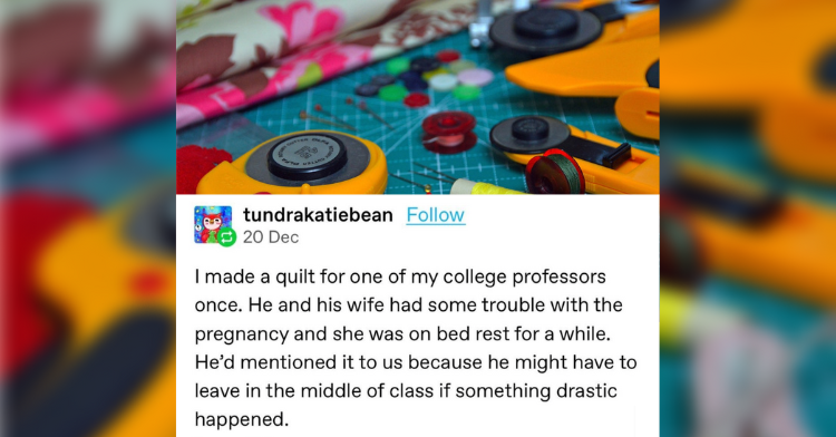 post about a quilt made for a professor by a student