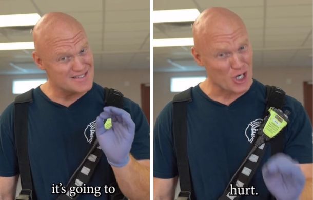 Image shows the funny paramedic emphasizing that the procedure is is going to hurt. Left frame says, "it's going to" and the right frame says "hurt."