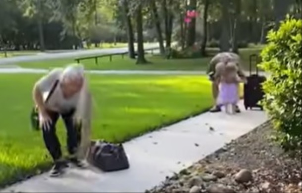 Grandma and Grandpa visit. Grandpa gets the first hug as Grandma gets up slowly.