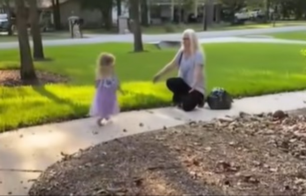 Grandma and Grandpa visit. Image shows Grandma eagerly awaiting a hug.