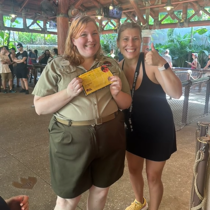 woman with 23 yr old front-of-the-line pass