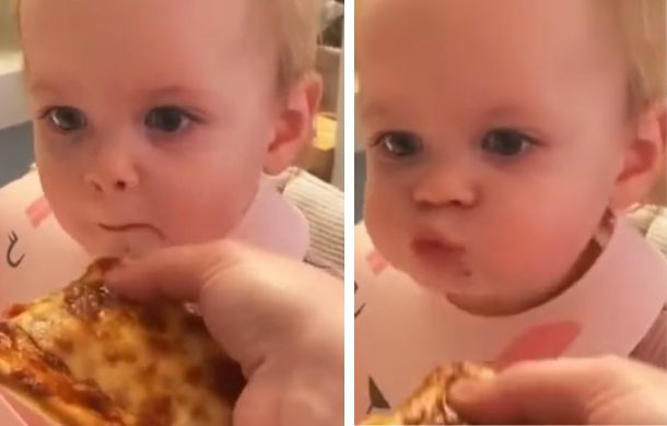 Two frames that show a toddler tasting pizza for the first time.