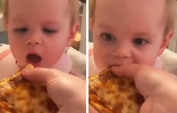Two frames of a toddler eating pizza. Images show the tentative first bite.