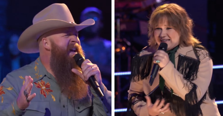 A two-photo collage. The first shows Al Boogie, who is wearing a cowboy hat, singing passionately on "The Voice." The second photo shows Ruby Leigh singing passionately on "The Voice" stage as well.
