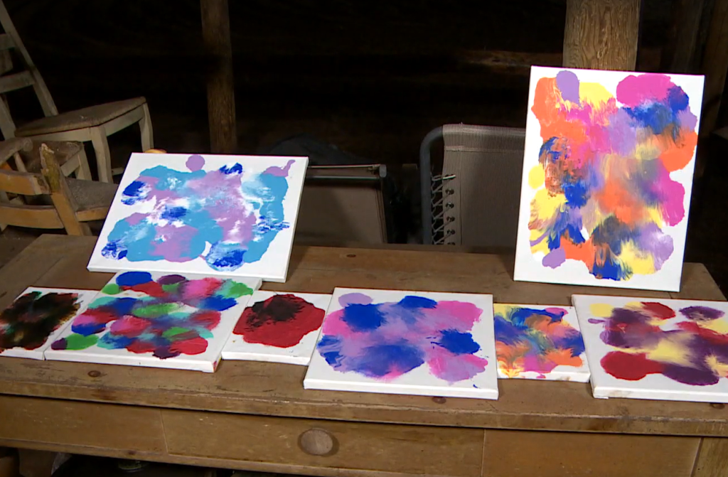 A selection of colorful abstract paintings created by a horse. 