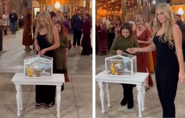 Participants in the bouquet toss tradition use keys to try to open the box to "win" the bouquet.