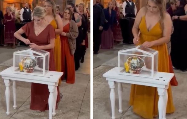 Participants in the bouquet toss tradition use keys to try to open the box to "win" the bouquet.