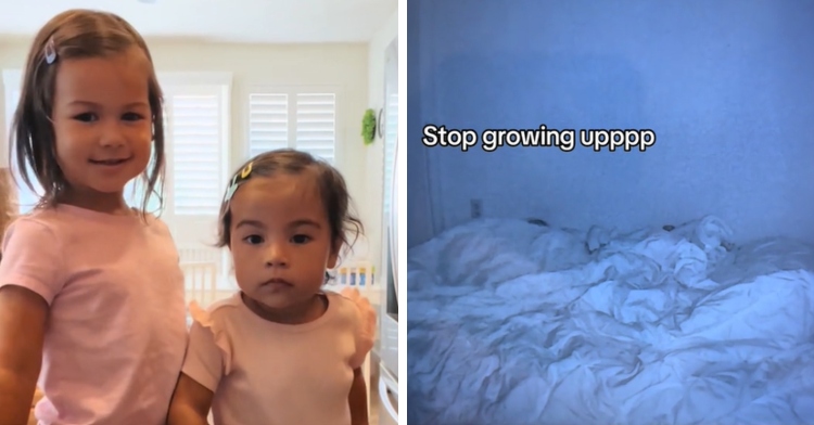 A two-photo collage. The first shows a 3-year-old and a two-year old standing next to each other, wearing the same peach-colored shirt. The older one has a smile on her face while the younger one stares blankly. The second photo shows camera footage of the two toddler's bedroom. They're both laying in bed. Text on the image shows what one of them is saying: Stop growing upppp